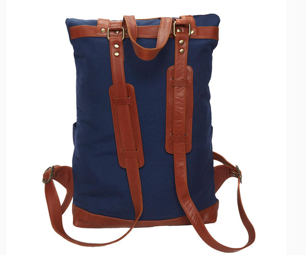 blue and brown leather backpack TOC Signature backpack